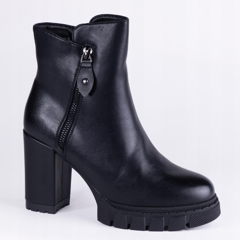 WYPRZEDAŻ Botki damskie zimowe GOODIN HF312 skóra eko, słupek eleganckie czarne 