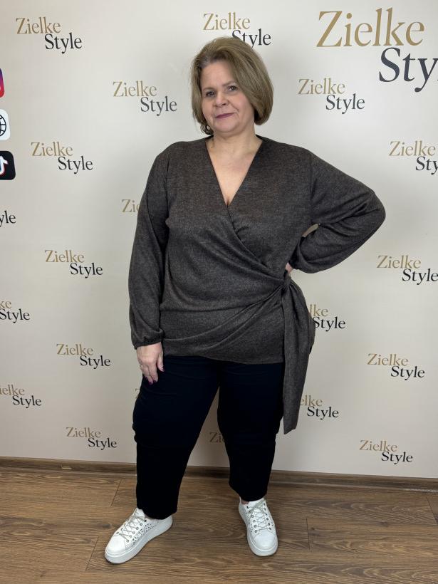 Bluzka zakładany dekold, przekładany bok, mf - 1 - 13970 - czekolada