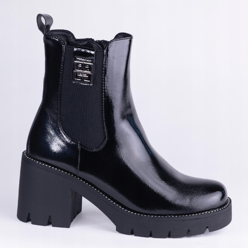 WYPRZEDAŻ Botki zimowe damskie GOODIN HF320 czarne lakier traperek eleganckie 