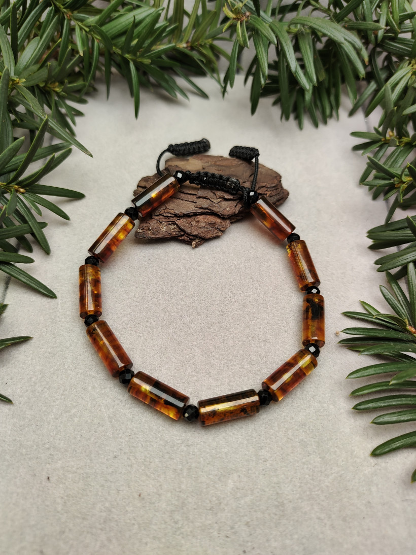 Bransoletka męska z bursztynu bałtyckiego naturalnego cognac czarny