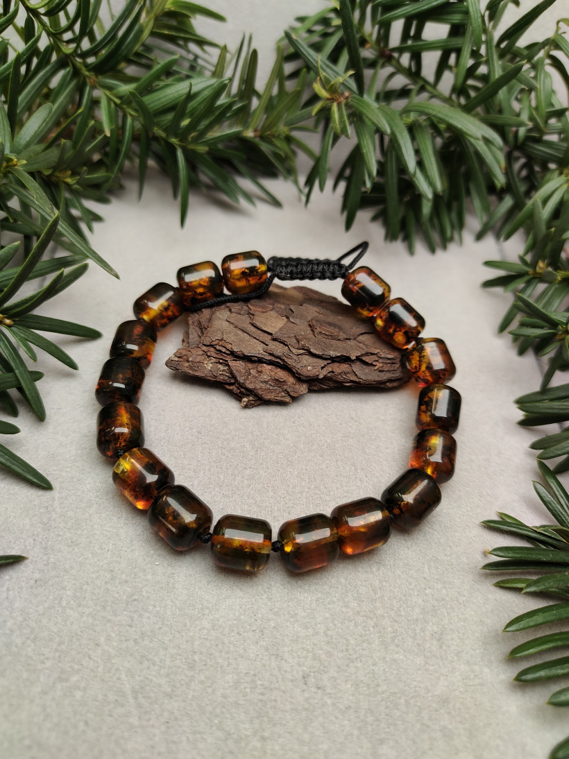Męska Bransoletka z Surowego Bursztynu Bałtyckiego Koniakowego na Czarnym Sznurze - Ręczna Robota, Unikatowa Biżuteria dla Mężczyzn