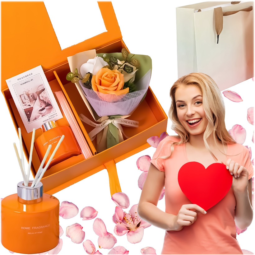 Zestaw prezentowy – pomarańczowy dyfuzor z patyczkami + róże mydlane