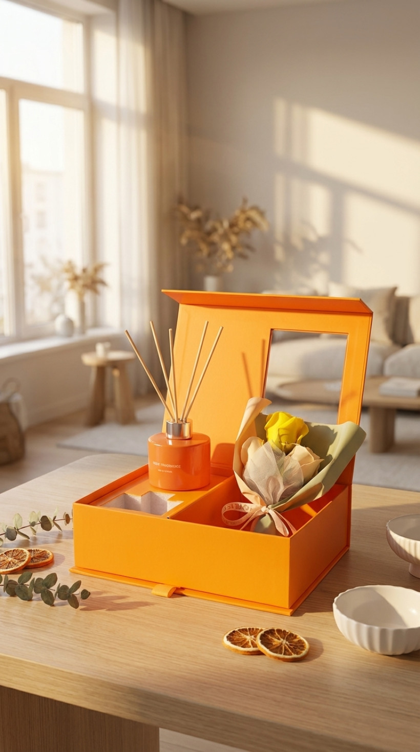 Zestaw prezentowy – pomarańczowy dyfuzor z patyczkami + róże mydlane