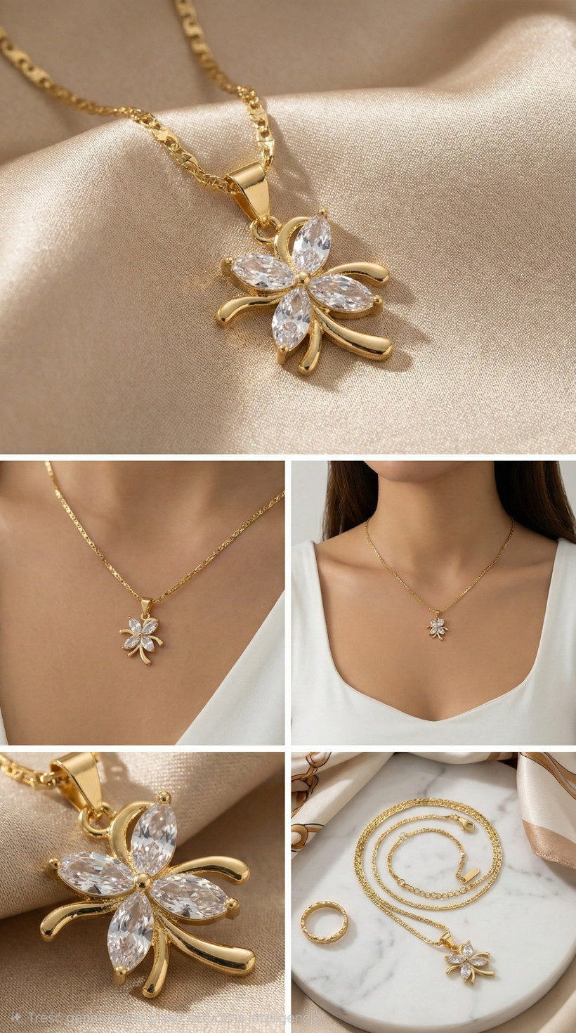 Pozłacany Naszyjnik „Lśniący Kwiat” z Cyrkoniami – Stal Chirurgiczna