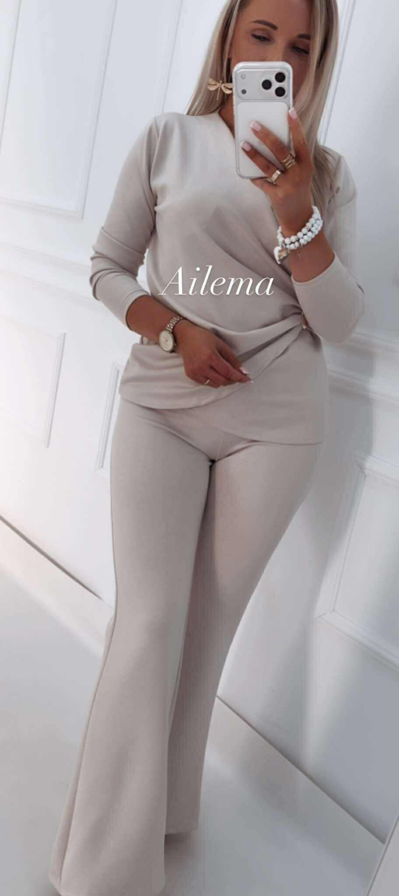 Komplet masełko 253 bluzka z kopertowym dekoltem i szerokie spodnie 