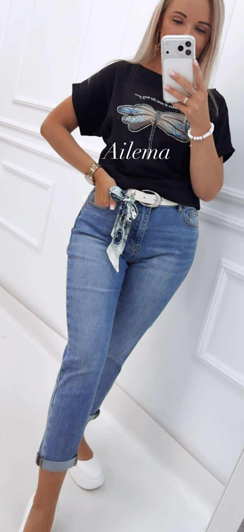 Jeansy M.Sara M1135-4 ozdobny  kremowy pasek 