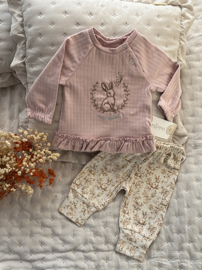 Różowa bluzka z królikiem, spodnie w króliki.