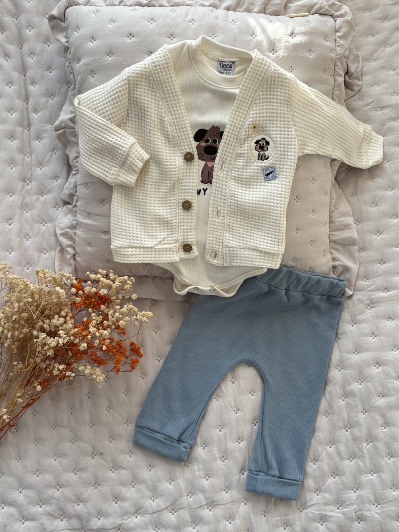Komplet 3 -częściowy, kardigan zapinany na guziki, body, spodnie. 100% bawełna