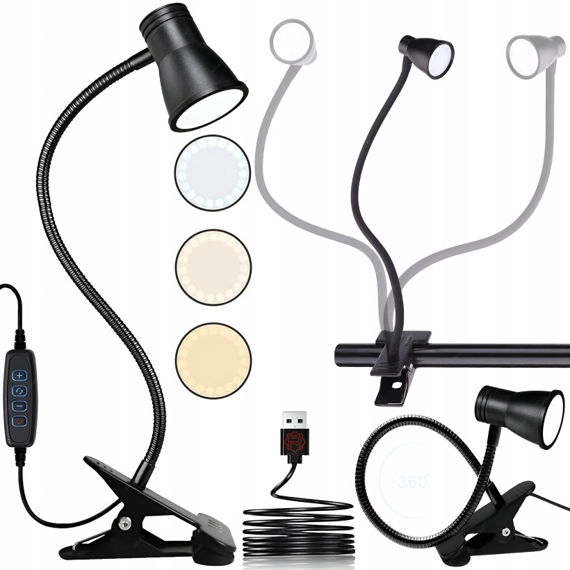 LAMPKA NA BIURKO LAMPA LED BIURKOWA NA KLIPS MOCNA GĘSIA SZYJA 5W USB PILOT