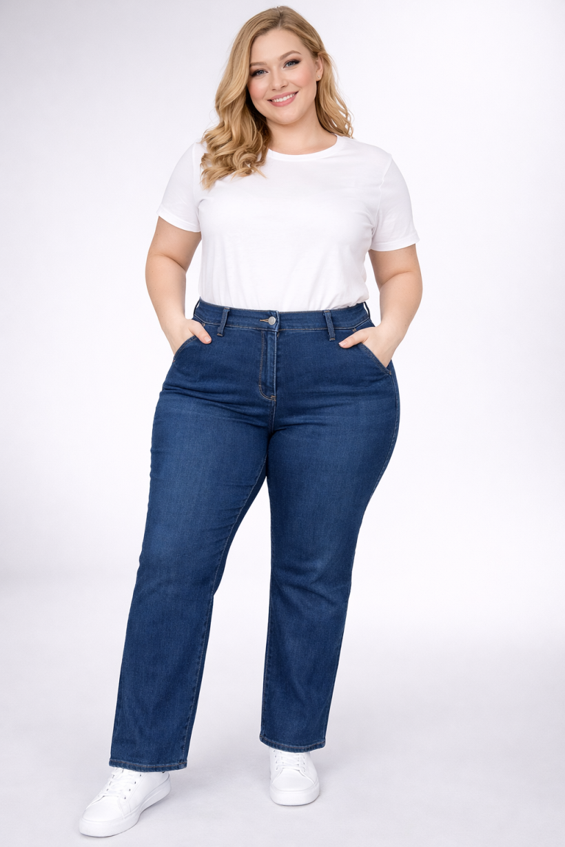 Jeansowe spodnie plus size z gumą w pasie - granat