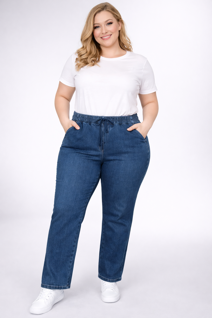 Jeansowe spodnie plus size z gumą w pasie i troczkiem