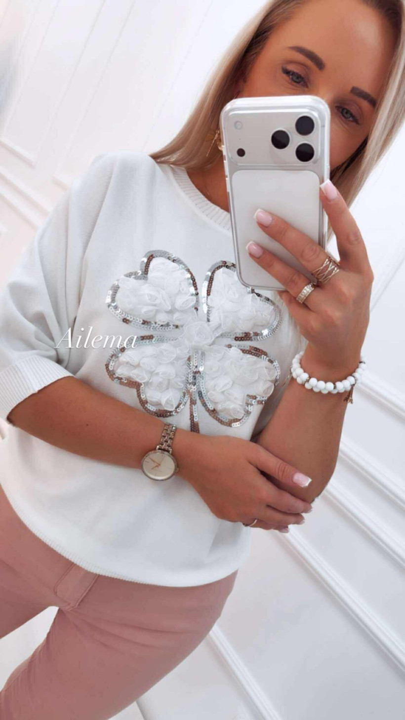 Sweterek z krótkim rękawem Amo&Roma OJD81185 kwiat z cekinami