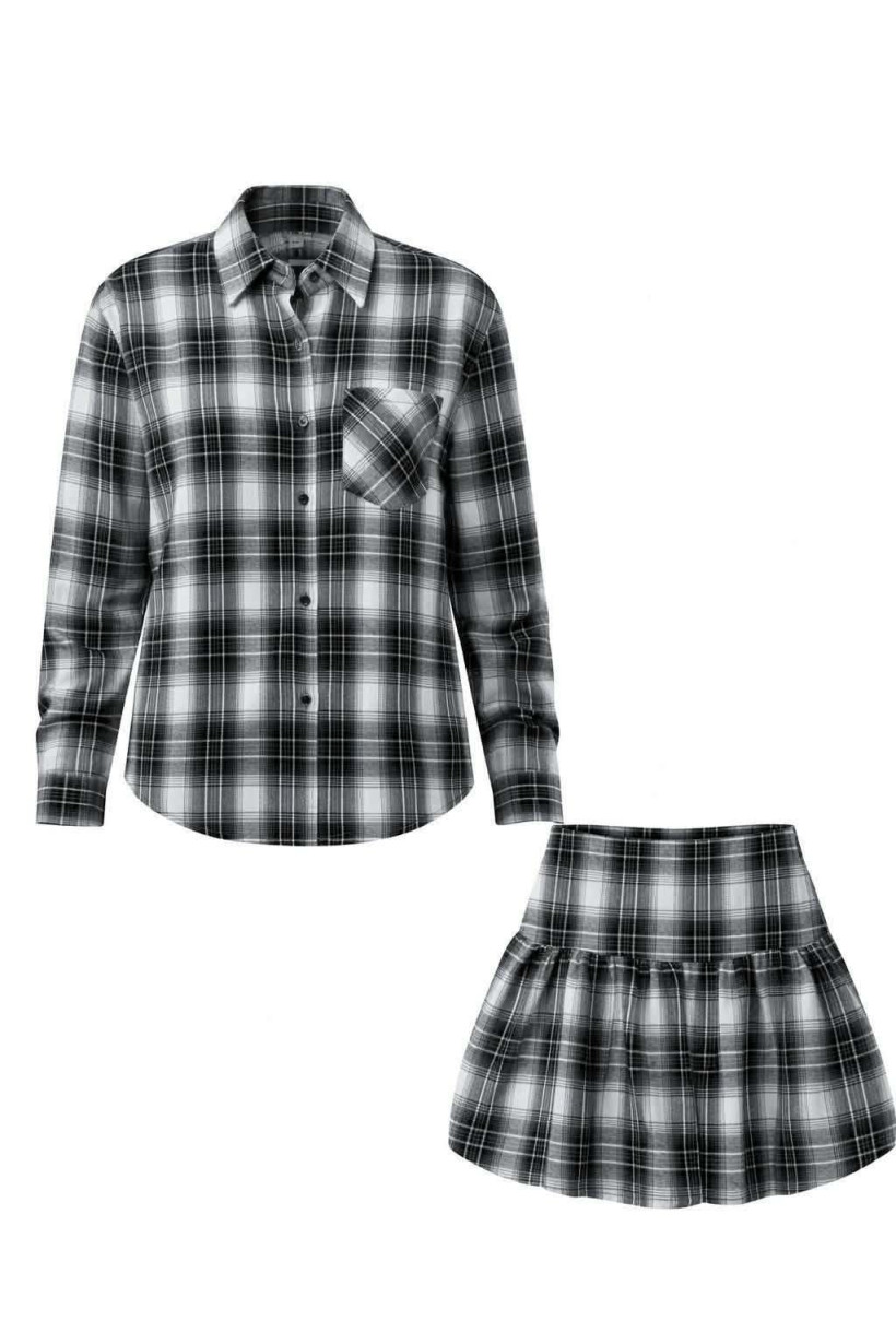 KRATA  - komplet koszula + spódniczka bombka, czarno-biała krata, dwa rozmiary