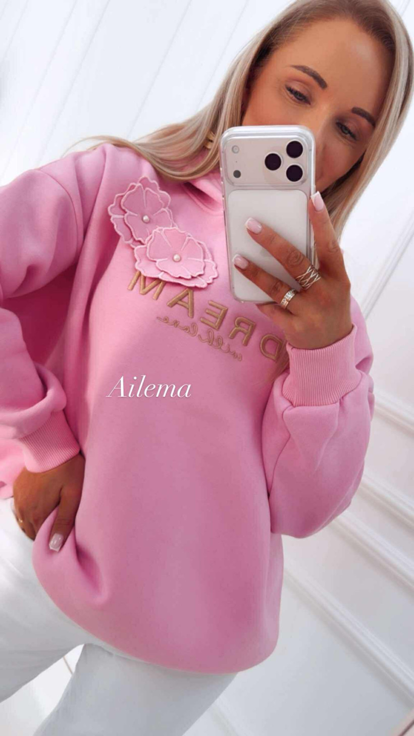 Bluza z kapturem Motion M01122 napis DREAM z kwiatami