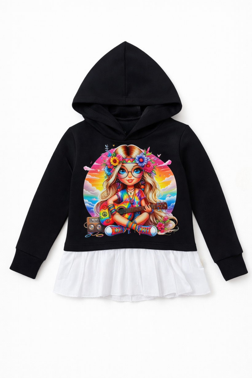 Z Bluza z falbanką Q5356- CZARNY - DZIEWCZYNKA Z GITARĄ