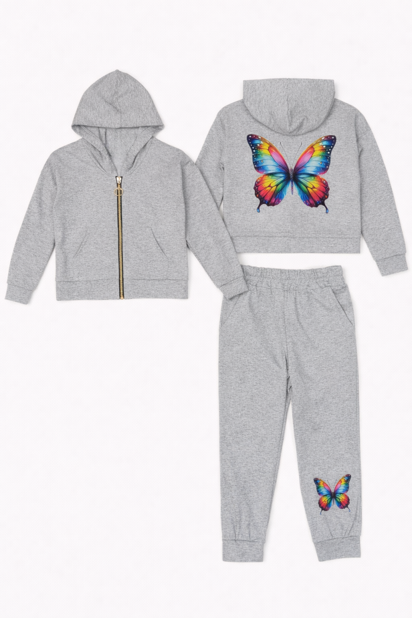 Z Komplet 2cz   Bluza na zamek spodnie 2218- SZARY- Kolorowy motyl  