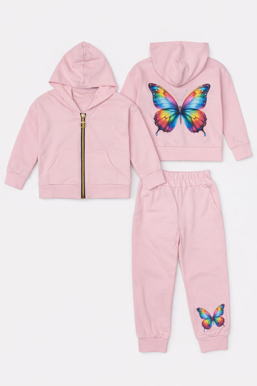 Z Komplet 2cz   Bluza na zamek spodnie 2218- PUDROWY RÓŻ- Kolorowy motyl  