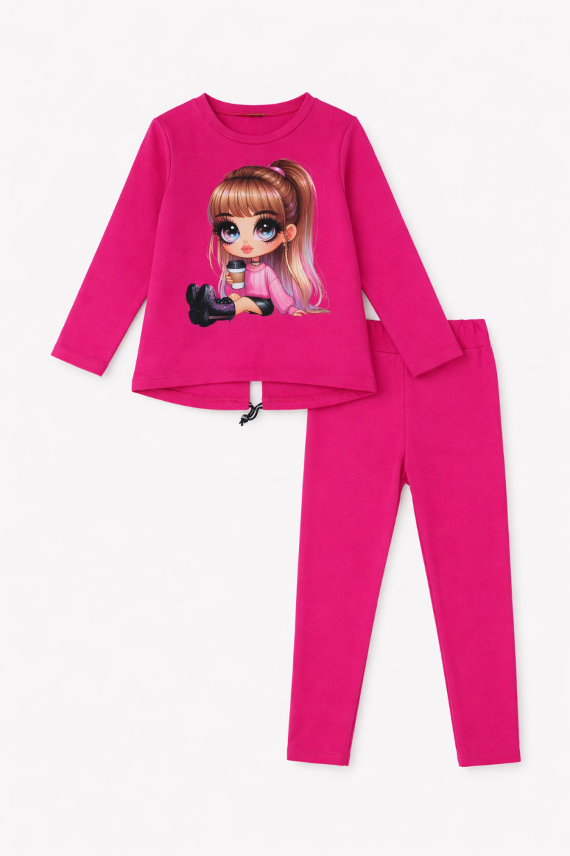 Z Komplet 21797- FUKSJA-Dziewczynka w  kucyku z kawą