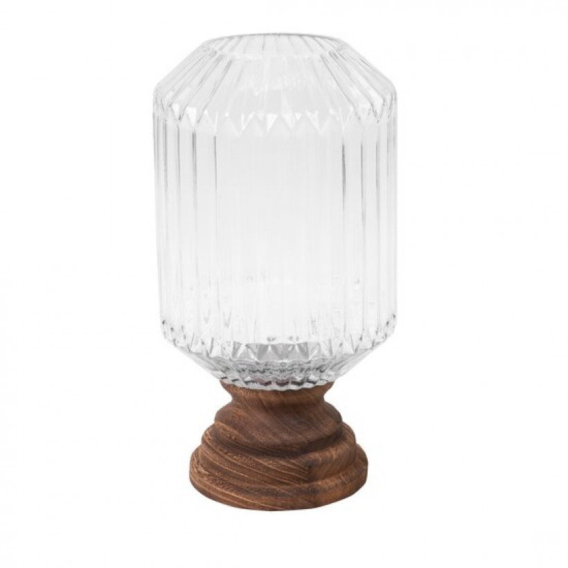 Świecznik GRACE szklany prążek z dodatkiem drewna 17x34 CS/GRACE1/ŚW/01