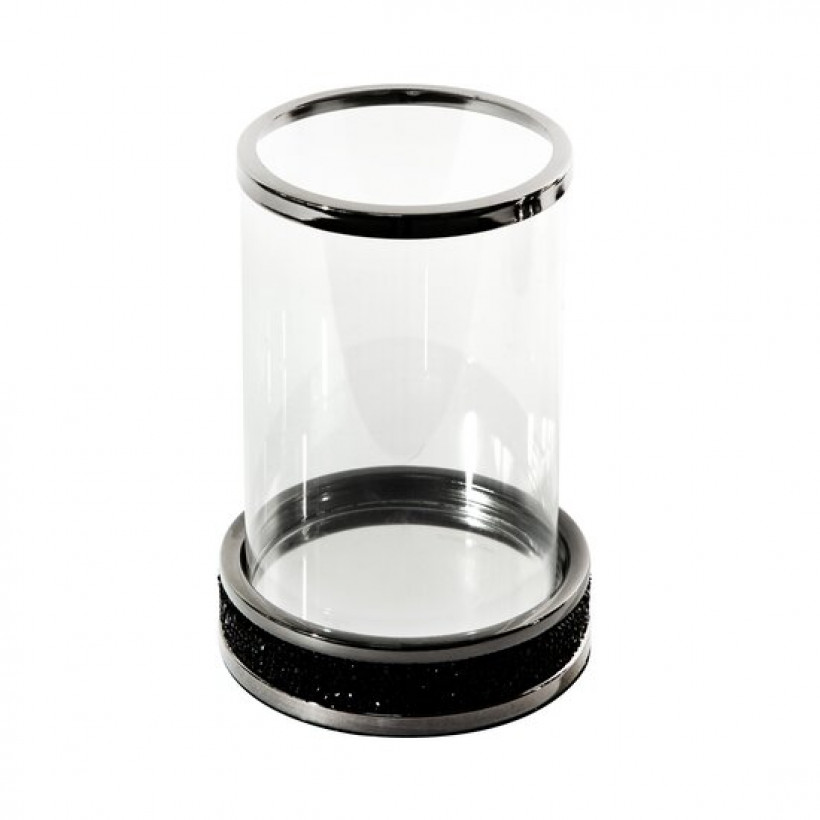 Świecznik płaski czarny SUZIE ze szklanym kloszem dekorowany czarnymi kryształkami 14x20 C/SUZIE/ŚWI