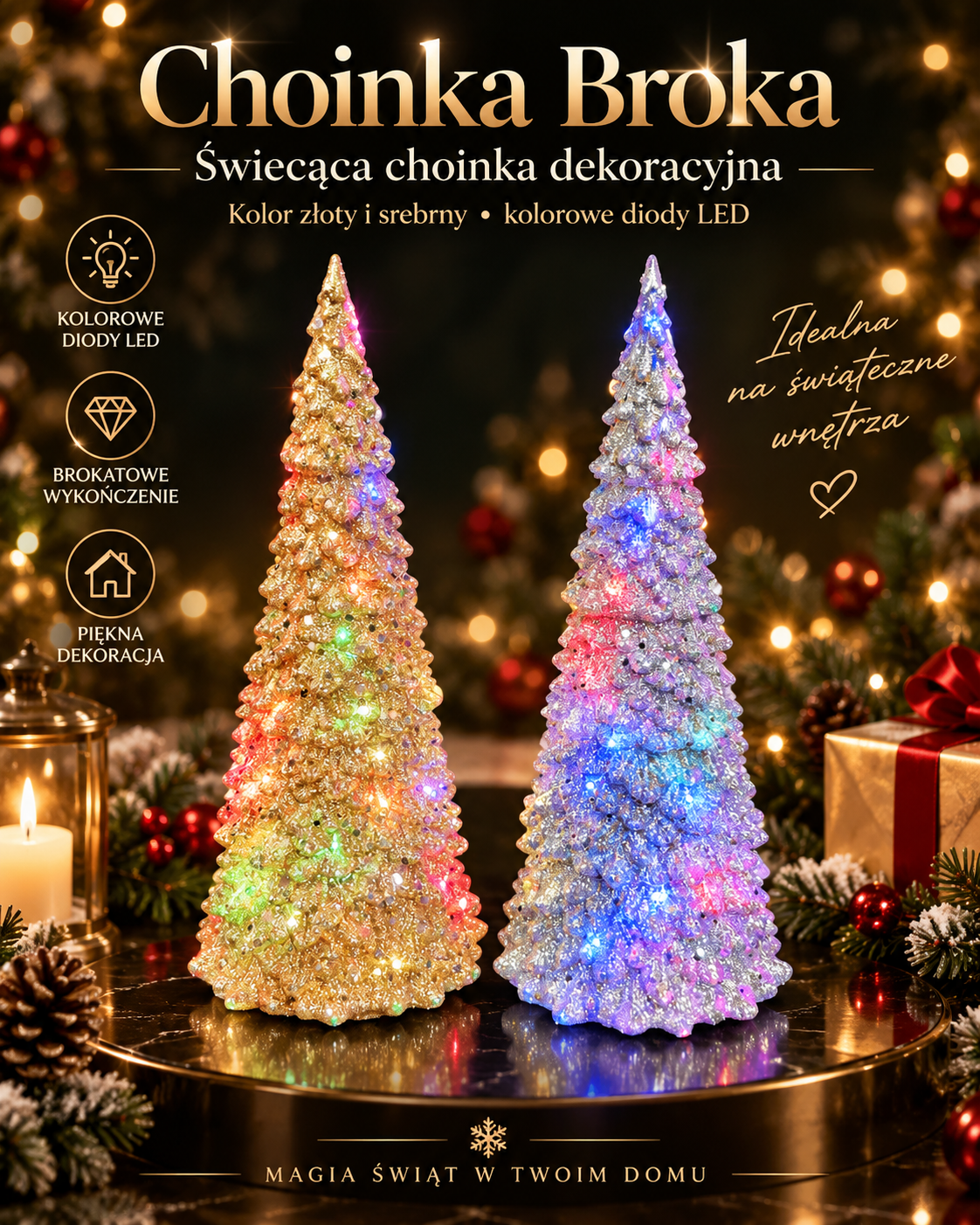 Choinki brokatowe świecące