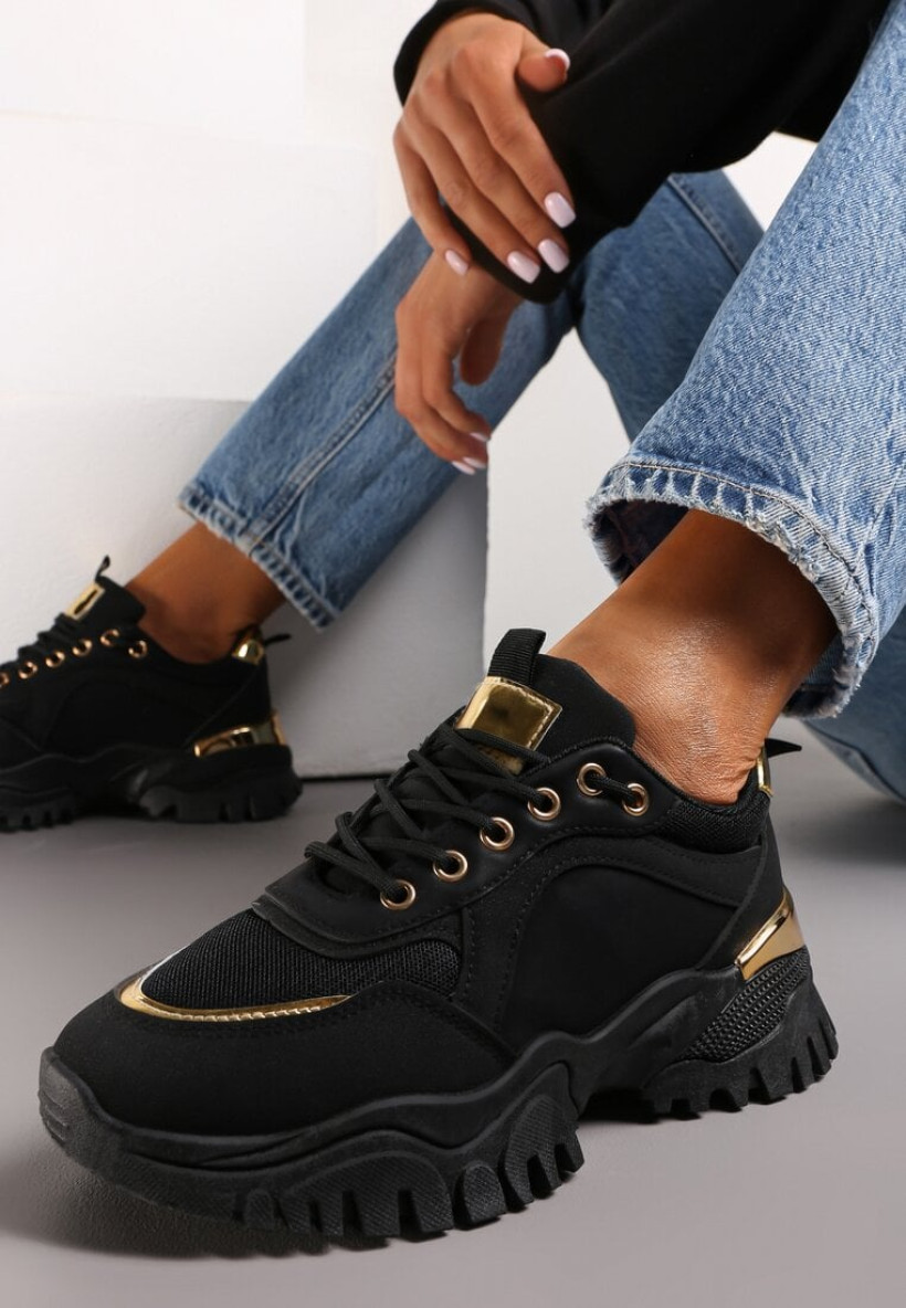 Czarne Buty Sneakersy Michelle  ze złotymi wstawkami