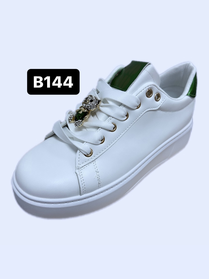 Buty białe z zielonymi kryształkami B144