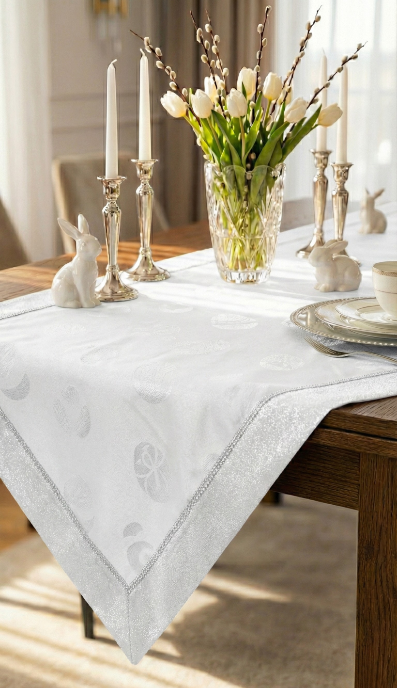 Bieżnik biały Jajka z cyrkonią 85x85cm NL-1501 WN