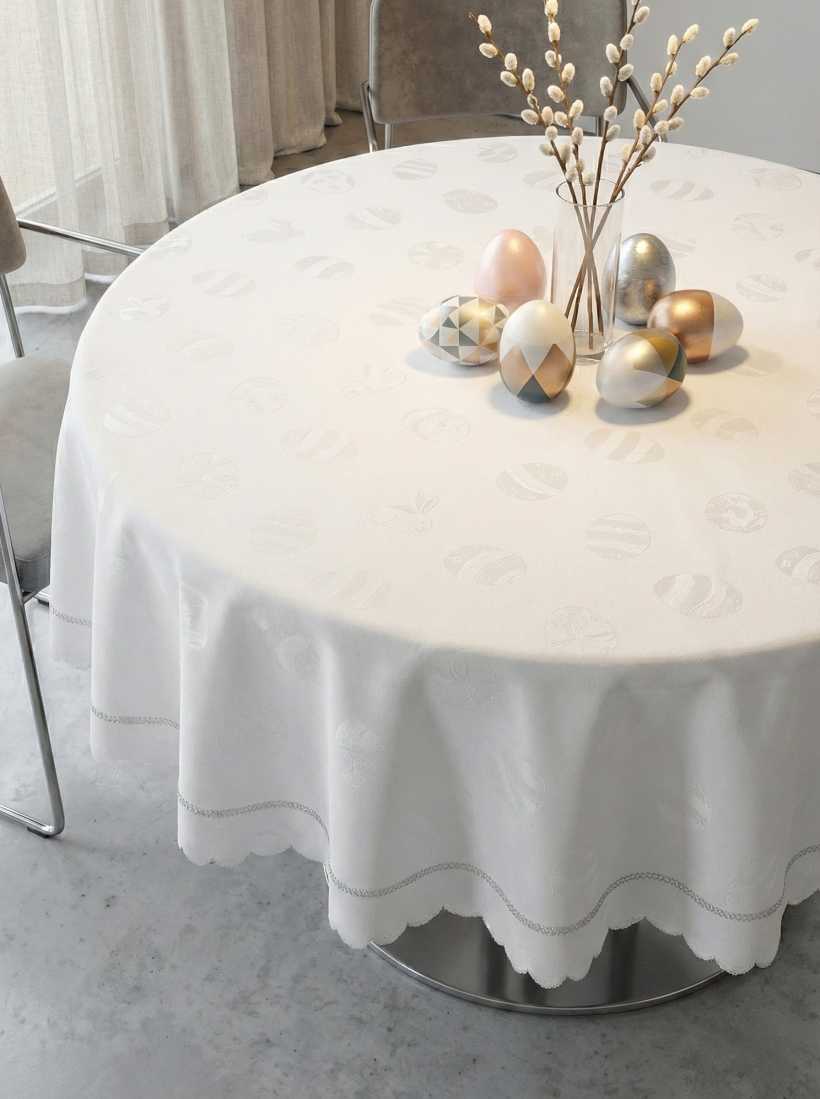 Obrus koło biały jajka z cyrkonią 150cm NL-1501 WN