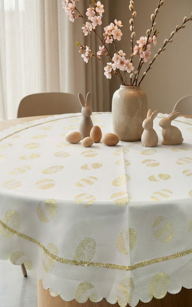 Obrus okrągły złoty jajka z cyrkonią 150cm NL-1501 WN