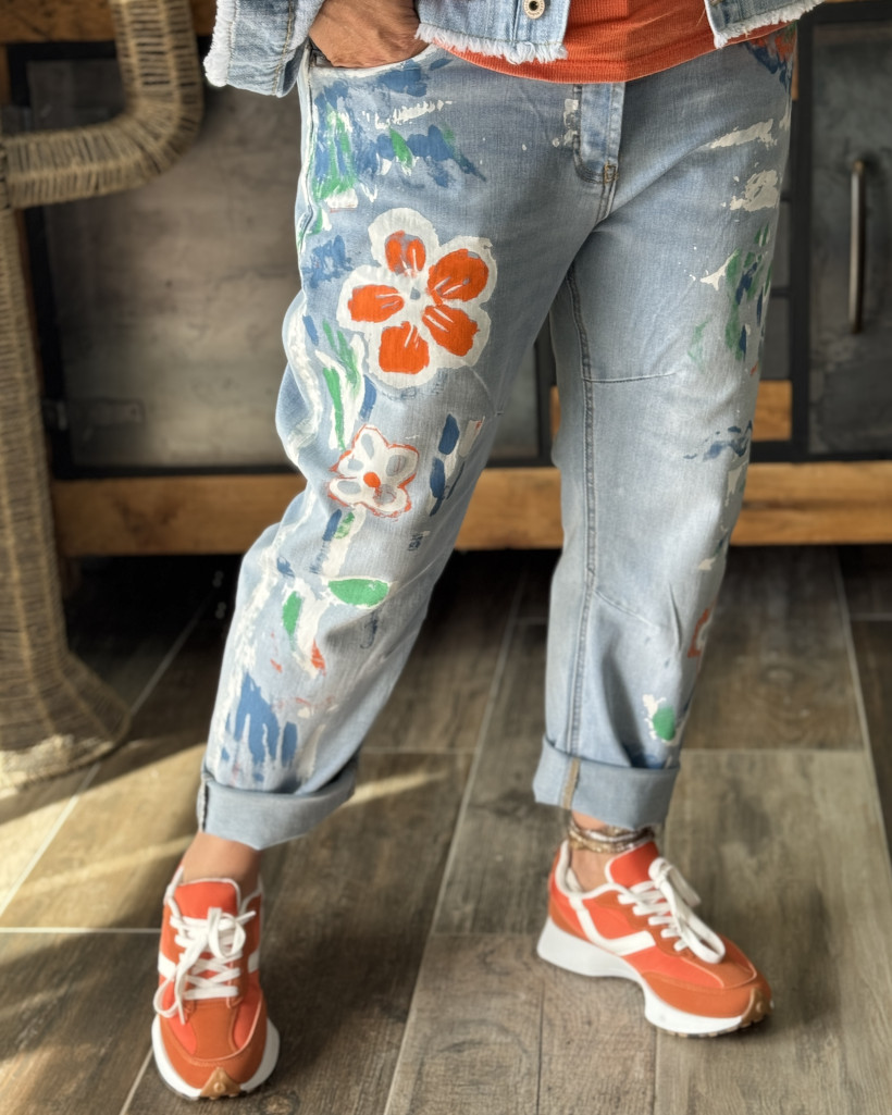 Réf 4059 Jeans fleurs orange 36 ➡️ petit 48